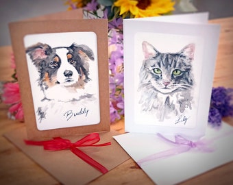 Pet Portrait Memorial Card Hand Painted Drawing, Custom Sympathy Message for Pet Owner, Grief of Loss, Bereavement and Remembering of Pet