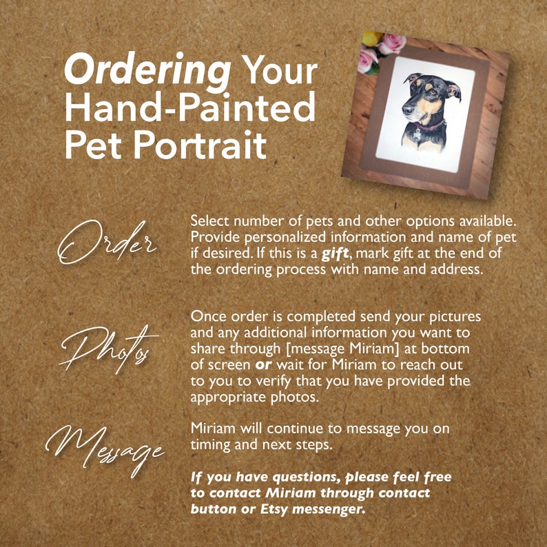 May include: A brown background with white text that reads "Ordering Your Hand-Painted Pet Portrait". Below the text are three sections labeled "Order", "Photos", and "Message". Each section has instructions for ordering a custom pet portrait. A framed drawing of a black dog is in the upper right corner of the image.
