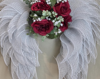 Memorial Angel Wings, Wreath, Memorial Decor, Cemetery, angel wings wreath, Wall Hanging, Celebration of life, Angels,Red Roses,Frontdoor
