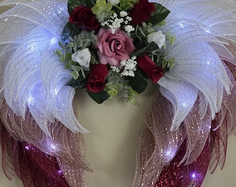 Memorial Angel Wings Wreath,Solar Cemetery decoration, Burgundy,Pink & White Roses, Celebration of Life,Remembrance