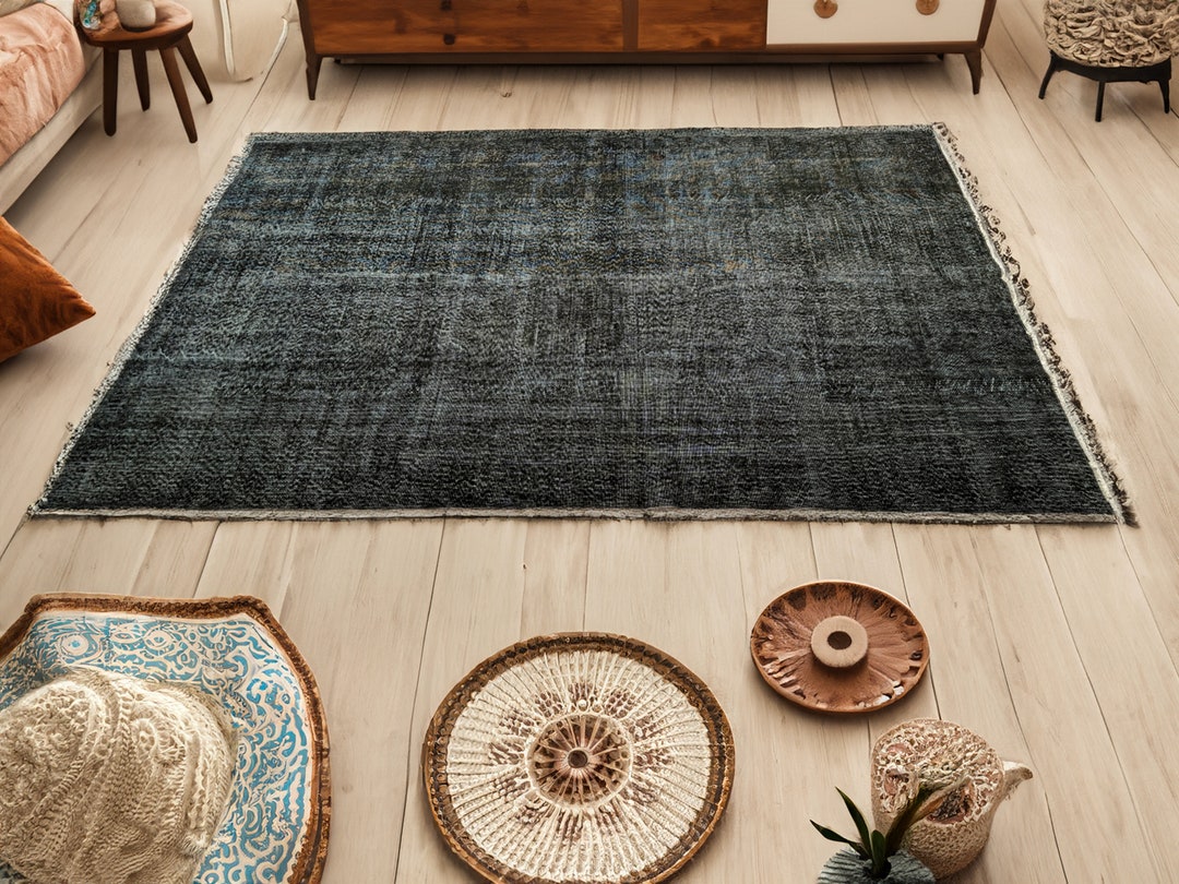 6x9 Faded Vintage Rug, 6x9 Black Gray Rug, 6x9 Turkish Living Room Rug, Handmade Wool Dark Tones