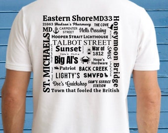 St. Michaels Nostalgic Hometown t-shirt, featuring names and places of yesterday, St. Michaels Maryland, Maryland shirt, Chesapeake Bay gift