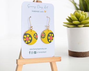 Yellow Circle Drop earrings , Simple Dangle earrings, flower clay earrings, light weight minimalistic earrings