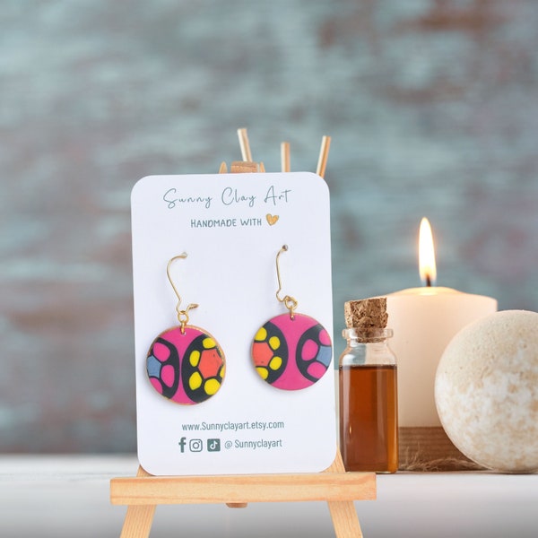 Pink Circle Drop earrings , Simple Dangle earrings, flower clay earrings, light weight minimalistic earrings