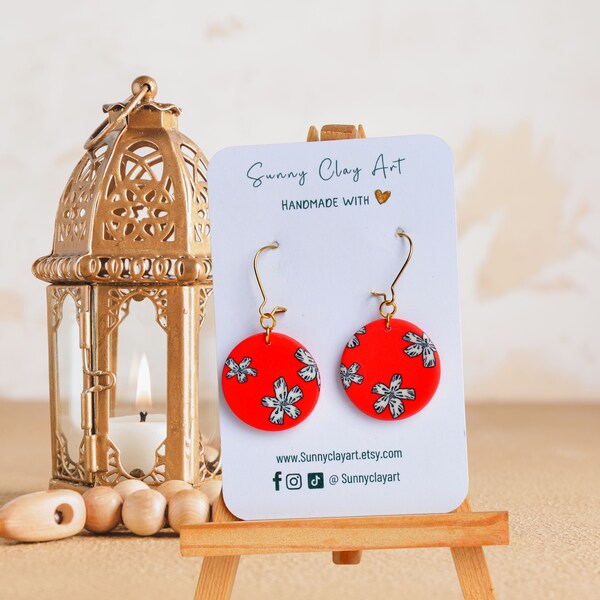 Red Circle Drop earrings , Simple Dangle earrings, flower clay earrings, light weight minimalistic earrings