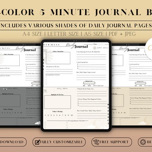 May include: Three digital tablet screens displaying different color variations of a daily journal page. The journal page is titled "Daily Journal" and includes prompts for gratitude, affirmations, and reflections. The text "Edit in Canva" is visible on the rightmost screen.