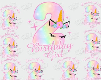Può includere: Un set di dieci immagini digitali stampabili con un unicorno rosa e arcobaleno con un numero due scintillante. Ogni immagine include il testo "Birthday Girl" e una diversa relazione familiare, come "Nonna della Birthday Girl" o "Mamma della Birthday Girl".