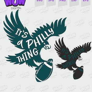 以下が含まれることがあります： 「It's a Philly Thing」というテキストと、爪にフットボールを持った飛んでいるワシの緑色のシルエット。下には同じワシの黒いシルエットが表示されています。