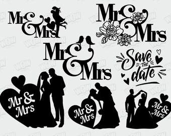 Pacote Svg de casamento, Coração de casamento png, Sr. e Sra. Svg, Casal de casamento, Topper de bolo, Design de download digital instantâneo Svg de noivado, arquivo fofo