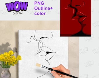 Couple Diy Paint Party, Sip and Paint Outline, Diy Paint Kit, a kiss for coloring, PNG file Digital download