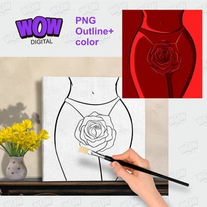 May include: A canvas print featuring a line drawing of a figure with a rose. The image includes a color version of the design. The text "PNG Outline+ color" and "WOW DIGITAL" are also visible.