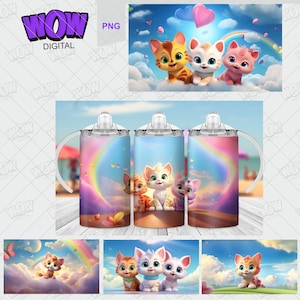 May include: Three cartoon kittens with rainbow, clouds, and hearts in the background. The kittens are sitting on a cloud and looking at the viewer. The image is for a sublimation design for a tumbler.