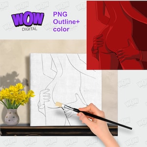 May include: A black and white line drawing of a couple embracing. The drawing is on a canvas with a wooden frame. A hand is holding a paintbrush over the canvas, ready to add colour.