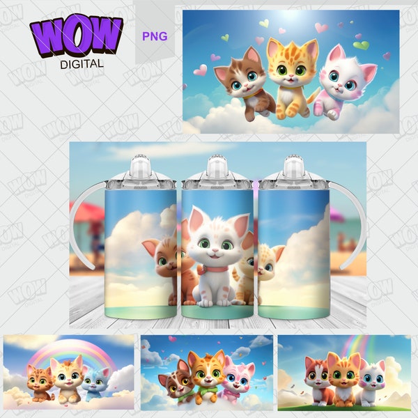 Cute Kittens 12oz Kids Flip Top Sippy Cup Tumbler Wrap 12oz Straight Tumbler Sublimation PNG, Childrens Kitty Tumbler Wrap For Girls