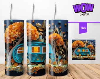 3D Tumbler Paper Quilling Wrap, Camping Camper ,Quilled 20oz Skinny Tumbler Sublimation Design, Quilling Tumbler Wrap 20oz Straight Skinny