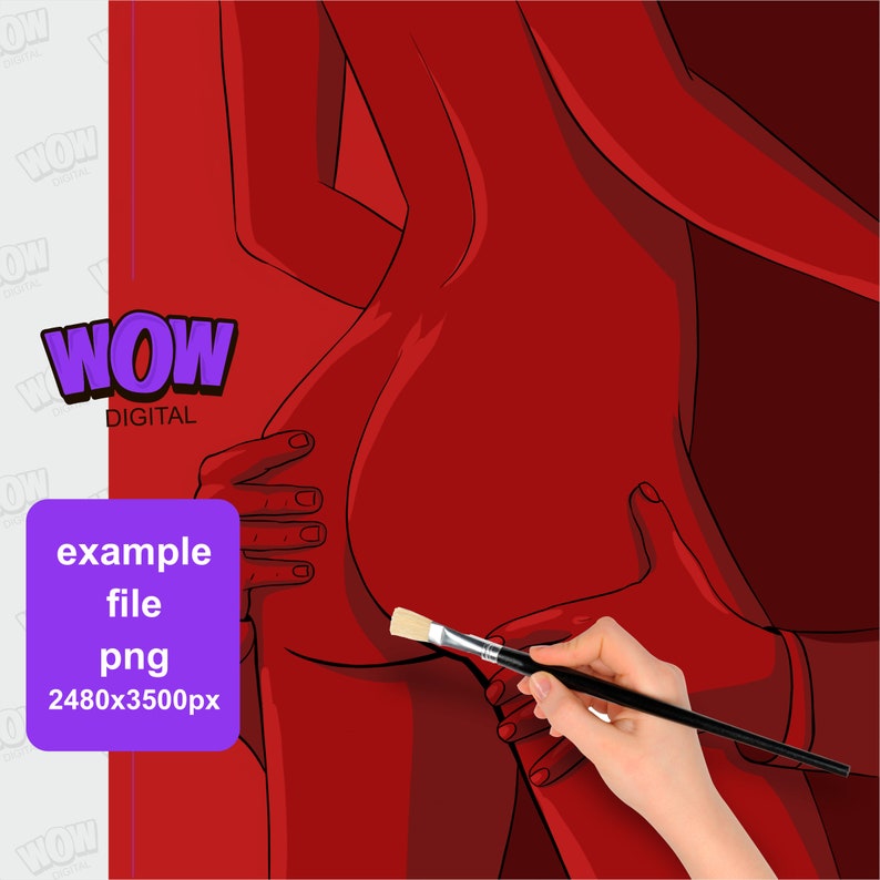 May include: A digital illustration of a person's back with a hand reaching around to touch their hip. The illustration is in red and white and is being painted with a brush.
