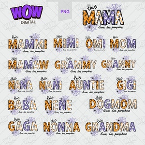 Pode incluir: Um conjunto de 15 designs digitais com v&aacute;rios t&iacute;tulos de membros da fam&iacute;lia com tema de Halloween. Cada t&iacute;tulo &eacute; escrito em uma fonte colorida e estampada com um design de teia de aranha e aranha. O texto inclui "This [t&iacute;tulo do membro da fam&iacute;lia] loves her pumpkins."
