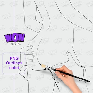 May include: A black and white line drawing of two people embracing. A hand is holding a paintbrush and is about to add color to the drawing.
