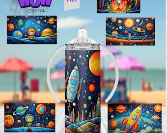 Outer Space 12oz Kids Flip Top Sippy Cup Tumbler Wrap Childrens Space Tumbler Wrap Design PNG 12oz Straight Tumbler Sublimation PNG