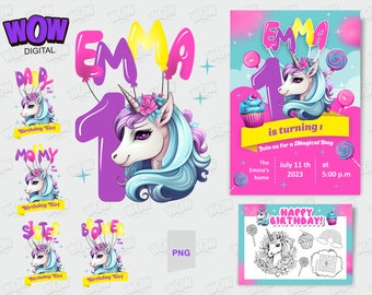 Personalized Unicorn Birthday Girl PNG - Add Any Name for Custom Invitation