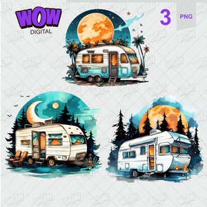 Adventure Campers Clipart, Watercolor Cute Caravan PNG Digital Clip Art, Vacation Clipart Bundle, Camping Travel Illustrations