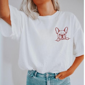 Top corto o camiseta clásica con colores cómodos de bulldog francés, regalo minimalista para amantes de los perros, bonito gráfico de bolsillo de bulldog francés, atuendo para dueños de mascotas