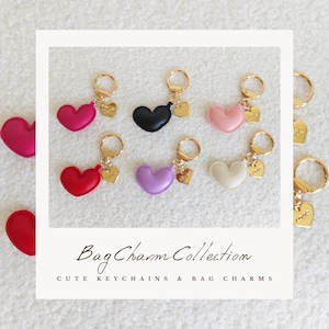 Heart Keychain with Gold Love Charm – Cute Puffy Heart Leather Bag Charm, Aesthetic PU Leather Keyring Gift for Her, Valentine&#39;s Accessory