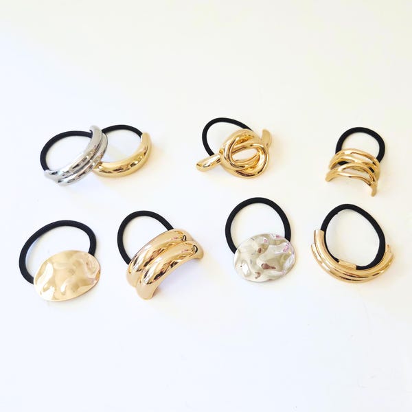 Gold & Silver Metal Hair Ties, Chunky Minimalist Ponytail Holder, Stylish Elastic Hair Accessory, Modern Hair Accessory Gift, Cuff Hair Tie