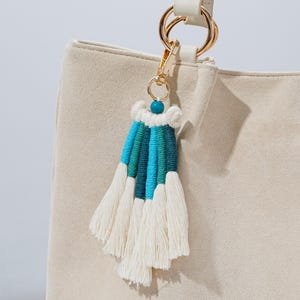 Boho Tassel Keychain, Handwoven Cotton Rope Bag Charm, Blue Macrame Key Ring, Aesthetic Backpack Accessory, Gift for Her