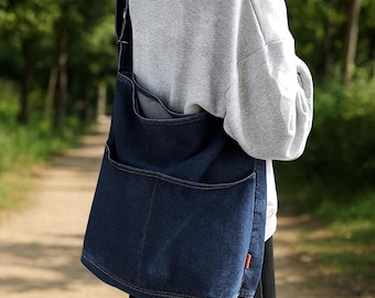 Denim Shoulder Bag, Vintage Jean Tote Purse with Pockets, Casual Crossbody Bag, Everyday College Bag
