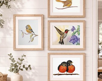 Watercolor Bird Art Print Set – Songbirds, Hummingbird, Rustic Nature Decor