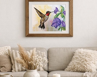 Ruby-Throated Hummingbird Watercolor Print
