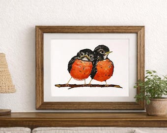 Pair of Young Robins Watercolor Print – Songbird Art – Nature Wall Decor