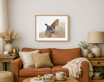 Flying Pheasant Watercolor Art Print – Rustic Wildlife Wall Decor – Prairie Bird Painting
