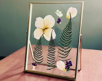 Pressed Rose Petals & Fern Leaves - Double Glass Gold Metal Frame