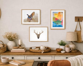 Wildlife Art Print Bundle – Deer, Pheasant, Lake Fishing Watercolor Set