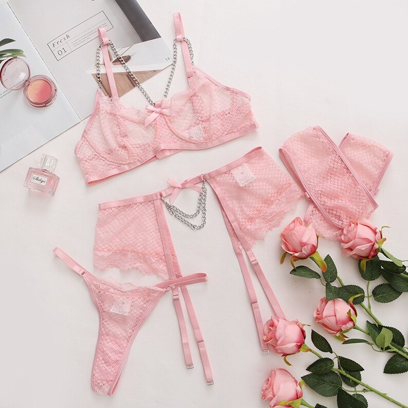 Women's Lace Bow-knot Lingerie Set With Metal Chain Accent - Etsy