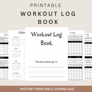 Op de afbeelding: Een afdrukbaar workout logboek met een neutraal kleurenschema. De omslag toont de titel "Workout Log Book" en ruimte om de naam van de eigenaar te schrijven. Binnenin bevinden zich pagina's voor het bijhouden van workouts en een kalender.
