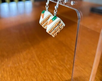 Carrot Cake Dangle Earrings, Polymer Clay, Sterling Silver, Handmade