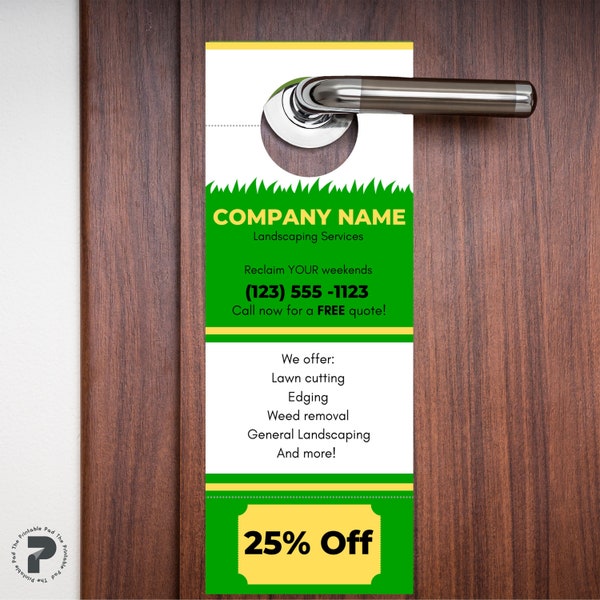 Aanpasbare gazonservice deurkruk flyer-sjabloon - Canva-sjabloon - marketing voor kleine bedrijven - deurhangermarketing