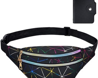 Shiny Holographic Waist Bag with PU Leather - Perfect for Travel, Parties, and Festivals! (Black)"