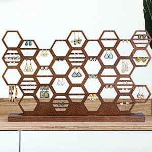 Earring Holder Organizer Honeycomb Earring Stand Wood Earring Display Beehive Jewelry Organizer Stand for Stud Earrings