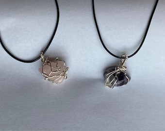 Wire Wrapped Adjustable Crystal Necklace in Rose Quartz or Amethyst