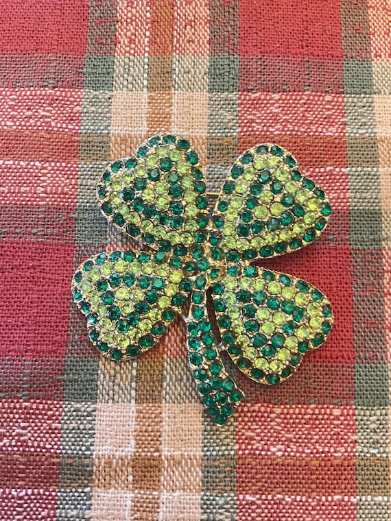 Green & Clear Shamrock Pin Brooch Pave’ Rhineston… - image 1