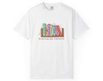 Show me Yours Bookshelf cute T-Shirt | Cute Book Stack Typography