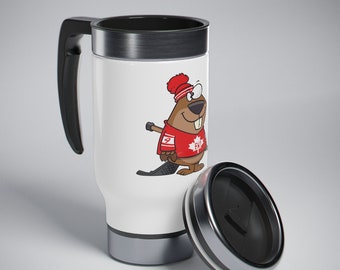 Hockey Beaver Stainless Steel Travel Mug with Handle, 14oz