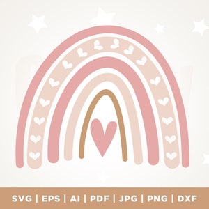 Può includere: Un arcobaleno rosa e marrone con cuori bianchi sui bordi esterni. Un cuore rosa è al centro dell'arcobaleno.