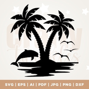 Palm Trees SVG, Summer SVG, Tropical Svg, Ocean and Beach Svg, Sunset SVG, Vacation Png, Sunset Svg, Summer Vibes Svg, Dolphin Svg, Cut File