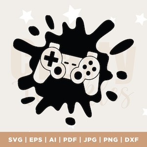 May include: Black and white silhouette of a video game controller in a black ink splatter design.