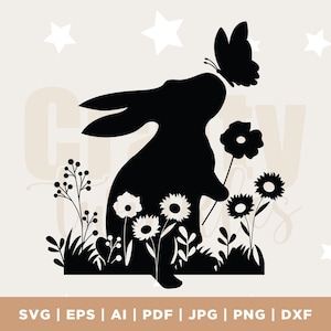 SVG Lente Zomer Konijn met Vlinder op Neus, Paashaas met Bloemen in Weide, Boerderij, Digitaal Geknipt Bestand, EPS, PNG, Dxf bestand, Svg